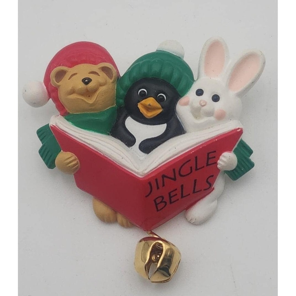 Vintage Hallmark‎ bunny penguin bear caroling Jingle Bells Christmas brooch pin